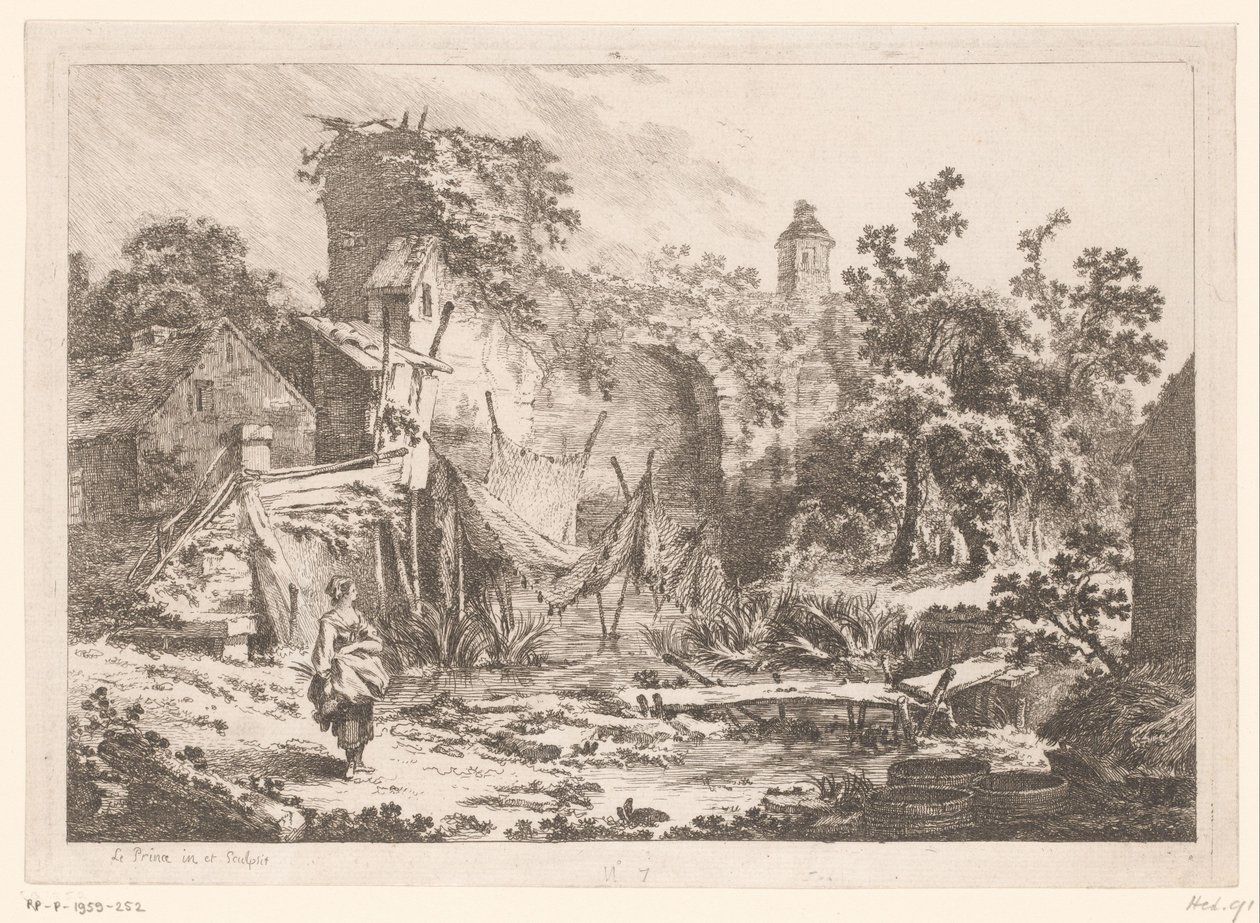 Femme devant une maison de pêcheur avec des filets tendus - Jean Baptist Leprince
