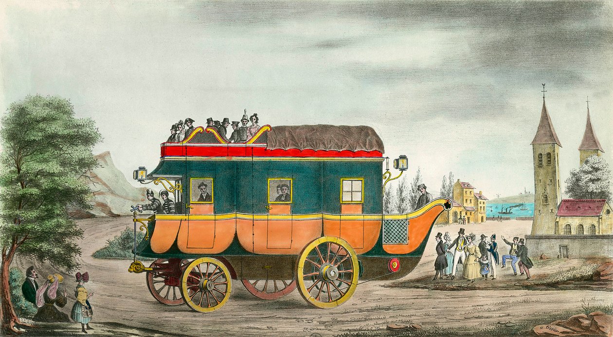 La voiture (ou diligence) à vapeur : invention française de 1835. Gravure par Ange Tissier (1814-1876). 1835. Collection privée - Jean Baptiste Ange Tissier