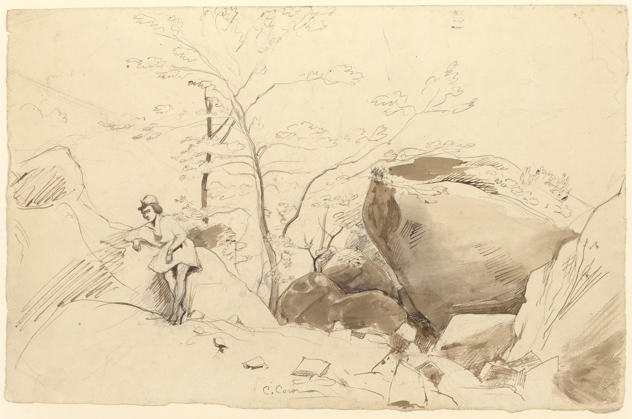 Fontainebleau, personnage adossé à un rocher - Jean Baptiste Camille Corot