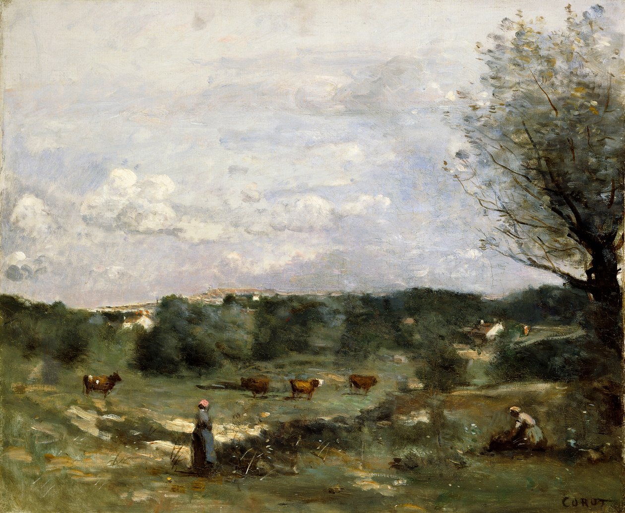 Prairie avec des vaches, un saule à droite et un village lointain - Jean Baptiste Camille Corot