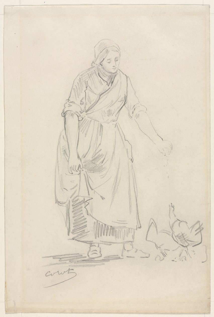 Jeune paysanne nourrissant des poulets, 1800s - Jean Baptiste Camille Corot