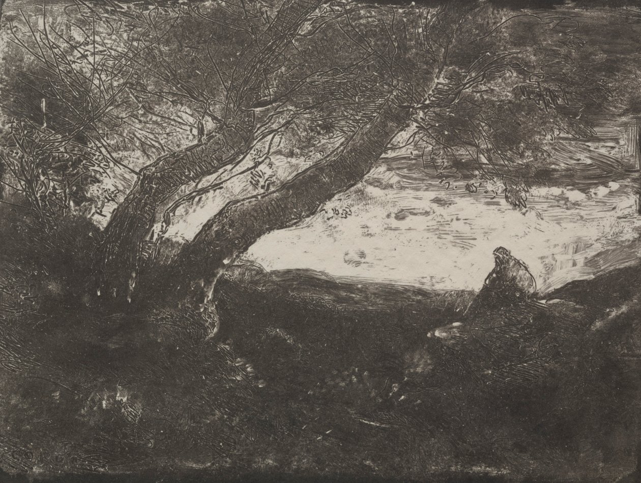 Le Rêveur, impression originale 1854, imprimée en 1921 - Jean Baptiste Camille Corot