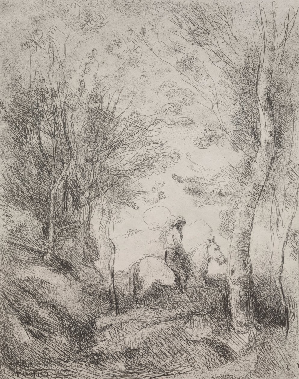 Le Grand Cavalier dans le bois, impression originale 1854, imprimée en 1921 - Jean Baptiste Camille Corot