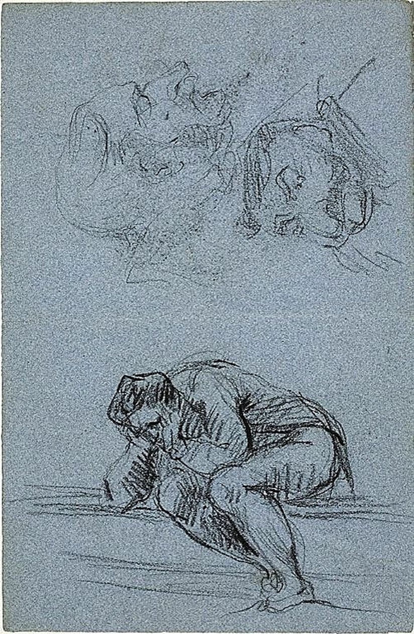 Figure assise avec la tête dans les mains et deux caricatures (recto) ; quatre figures dans une lunette (verso) - Jean Baptiste Carpeaux