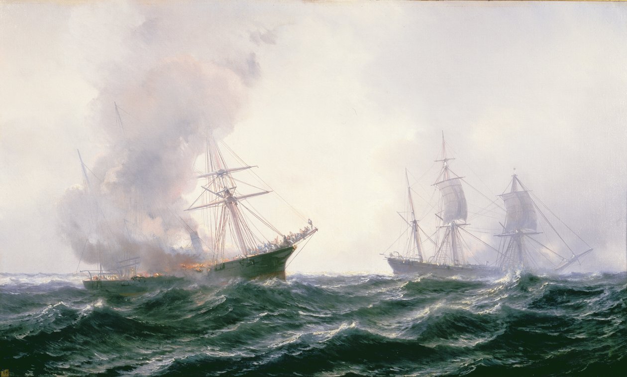 Un navire en feu en mer, avec un autre à proximité - Jean Baptiste Henri Durand Brager