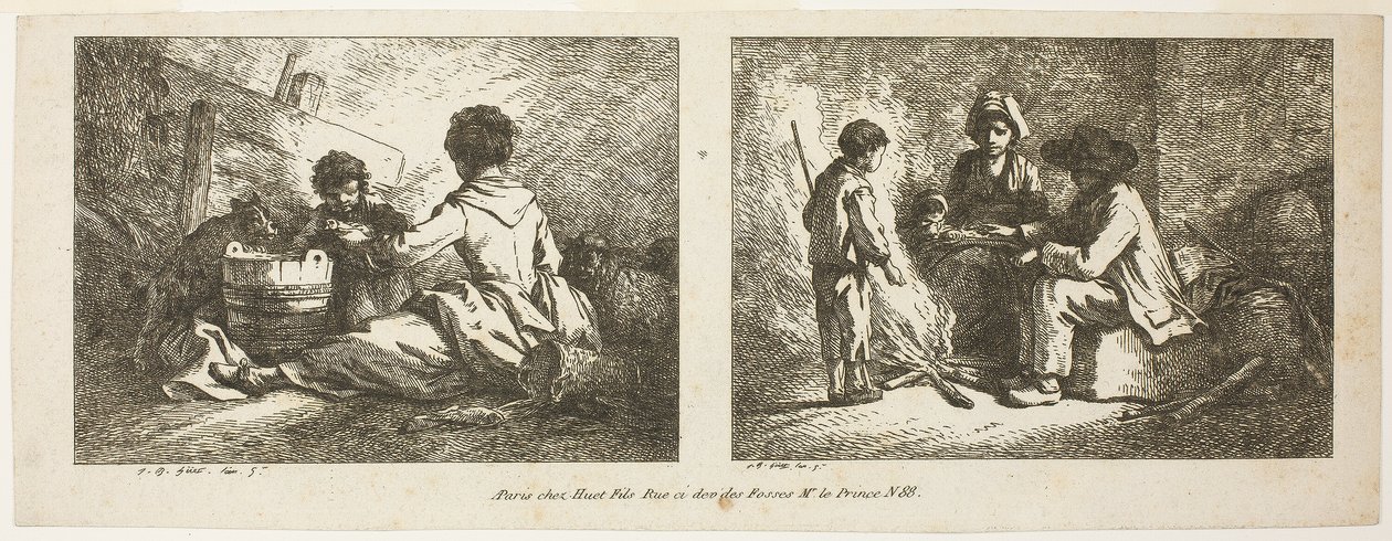 Enfants avec chien et mouton et famille de paysans au coin du feu - Jean Baptiste Huet