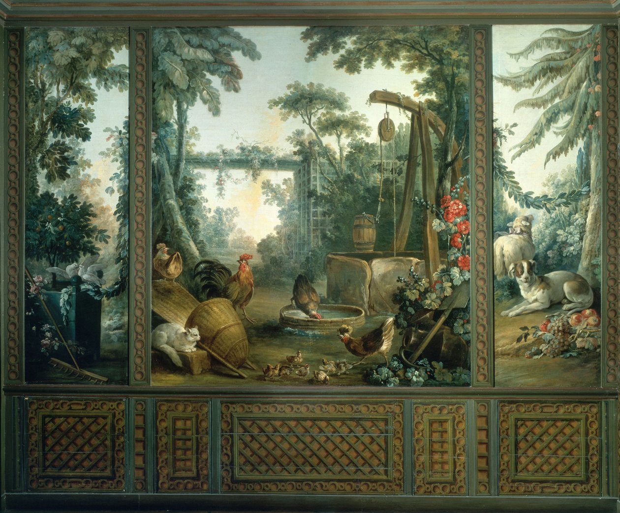 French: Deux colombes se becquetant dans un paysage - Jean Baptiste Huet