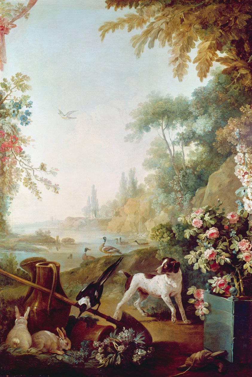 Deux lapins, une pie et un chien, du Salon de Gilles Demarteau (1722-76) - Jean-Baptiste Huet