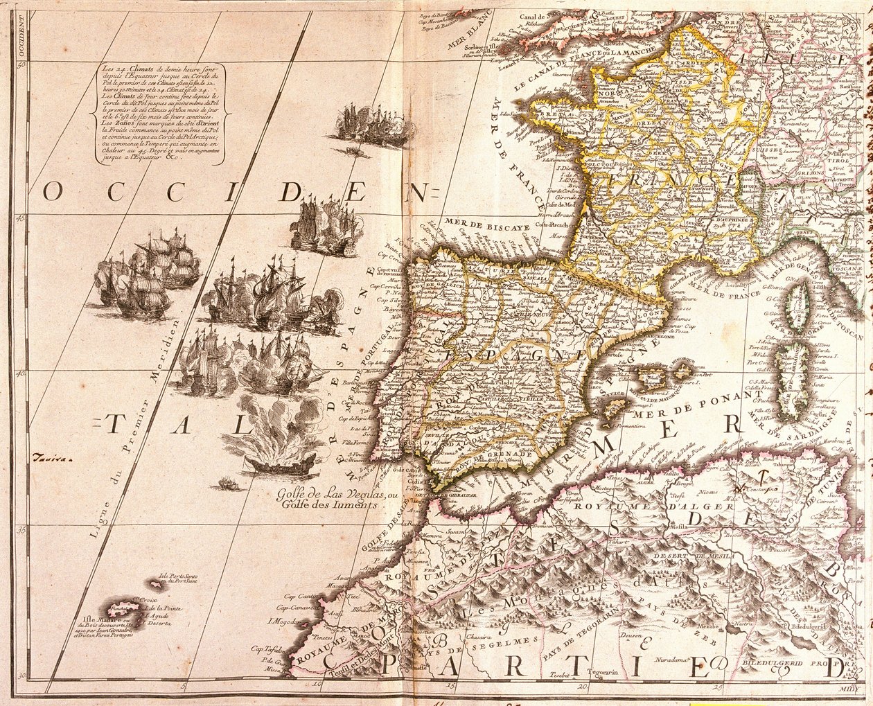 Carte des pays de la Méditerranée occidentale : France, Espagne, Portugal et Afrique du Nord (Maroc, Algérie, Tunisie), avec les Baléares, la Corse et la Sardaigne - Jean Baptiste Nolin