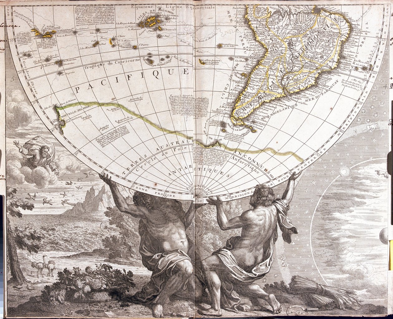 Deux hommes soutiennent le globe terrestre, avec la carte de l