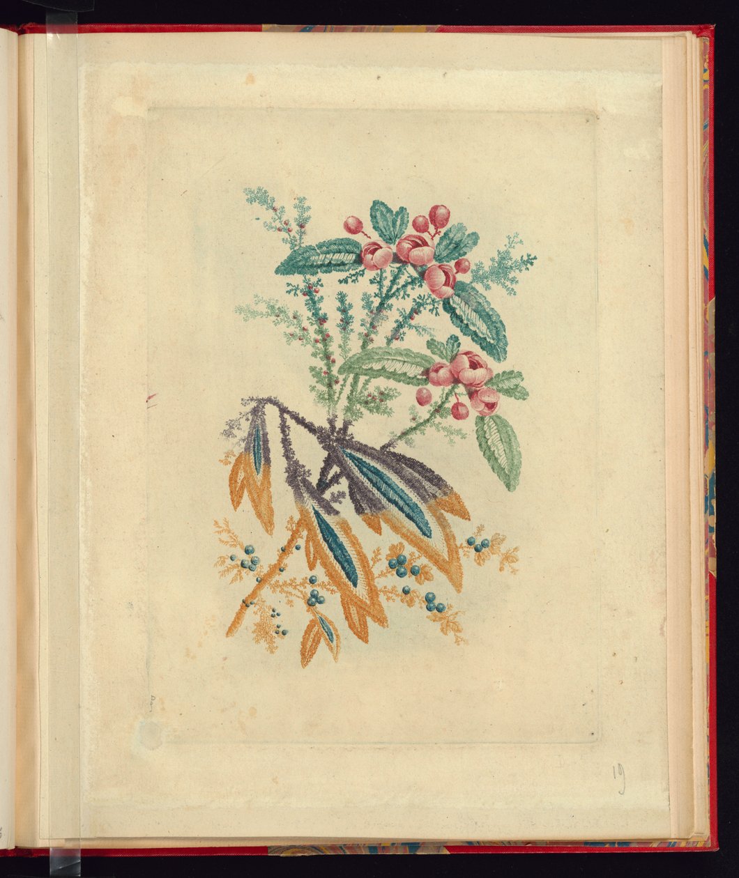 Motif ornemental avec petites fleurs rouges et baies, de Nouvelle suite de cahiers de fleurs naturelles à l