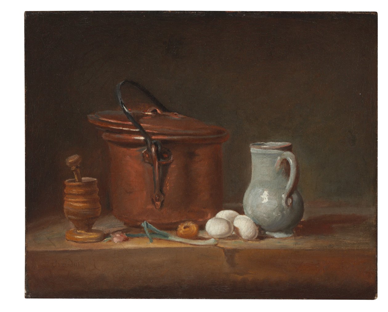 Une casserole en cuivre, un mortier et un pilon, une cruche, un oignon vert, des œufs et un oignon sur une étagère - Jean-Baptiste Simeon Chardin