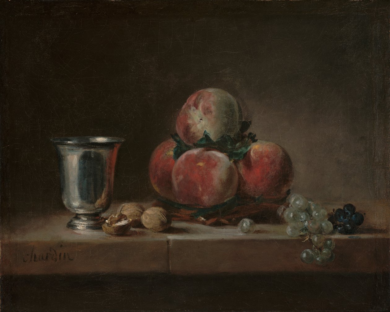 Nature morte avec pêches, un gobelet en argent, raisins et noix - Jean Baptiste Simeon Chardin