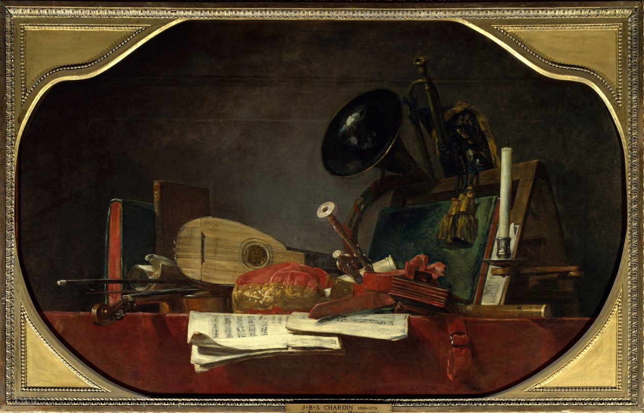 Les attributs de la musique, nature morte avec partition, violon, mandore, musette de cour, flûte traversière, cor et trompette - Jean-Baptiste Simeon Chardin