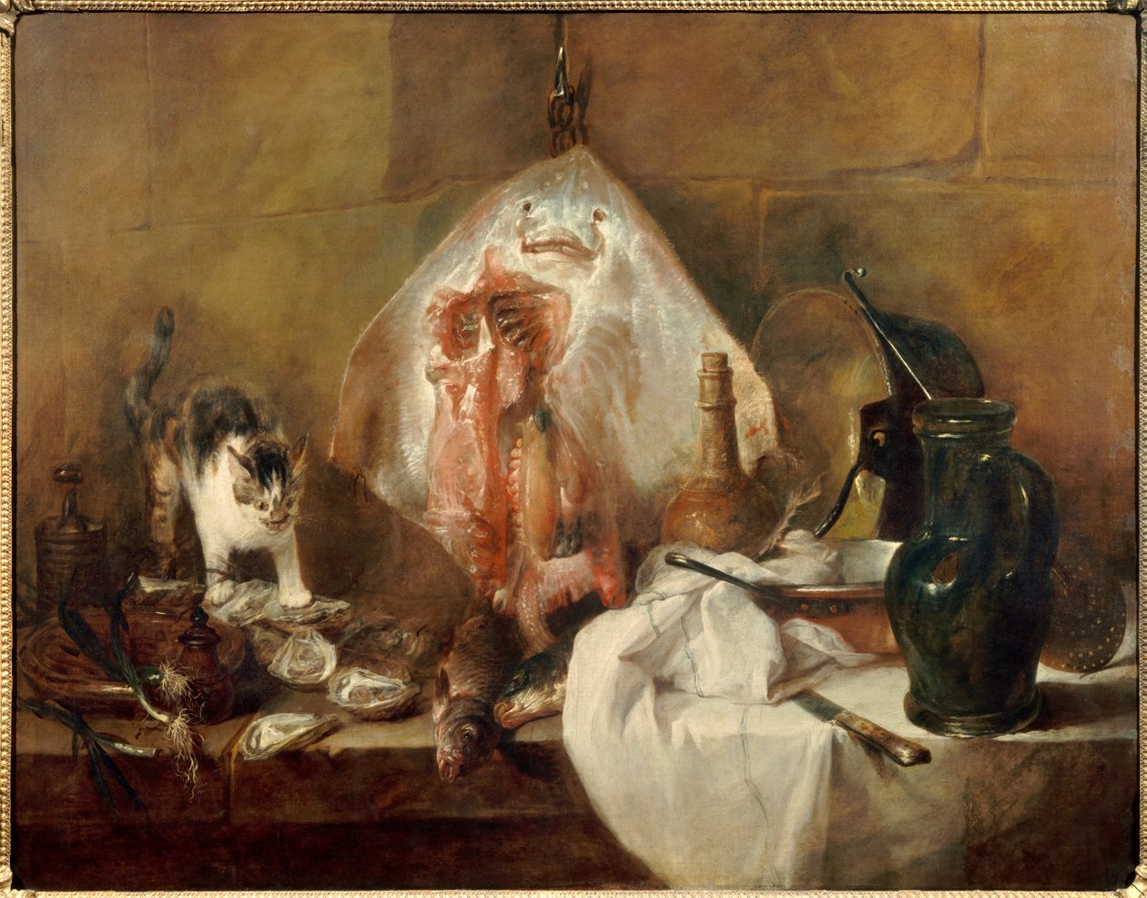 La raie, nature morte avec poissons, huîtres, cruche. Peinture par Jean Baptiste Simeon Chardin 1727 Paris, Musée du Louvre - Jean Baptiste Simeon Chardin