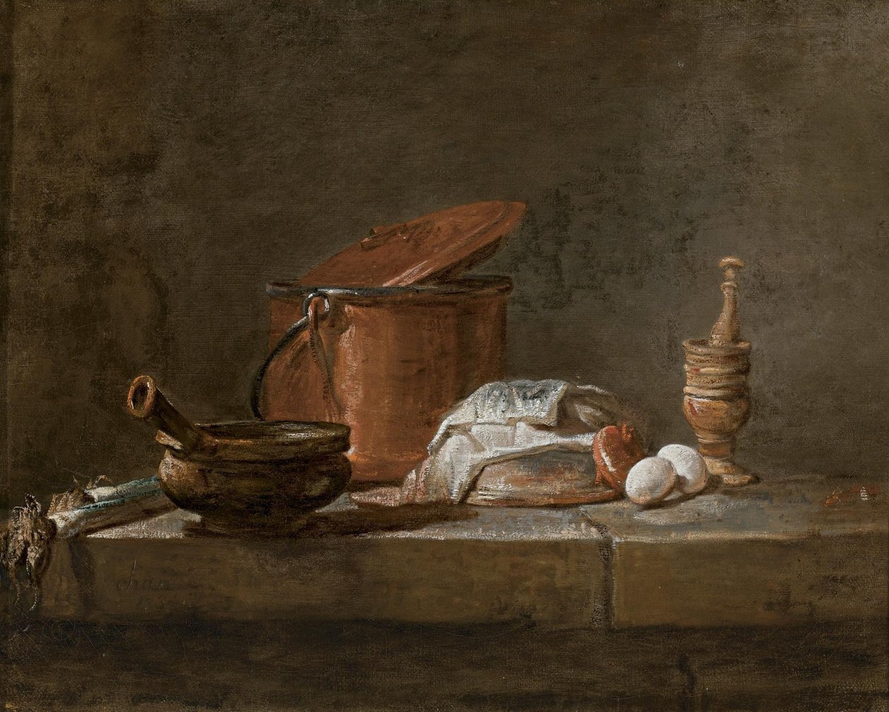 Poireaux, une casserole avec un linge, une marmite et un couvercle en cuivre, un oignon et des œufs avec un pilon et un mortier, sur un rebord en pierre. - Jean Baptiste Simeon Chardin