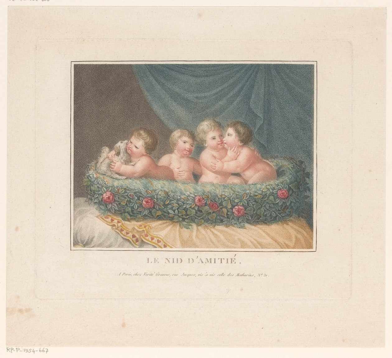 Quatre putti avec un chien dans un panier de roses sur un coussin - Jean Baptiste Verite