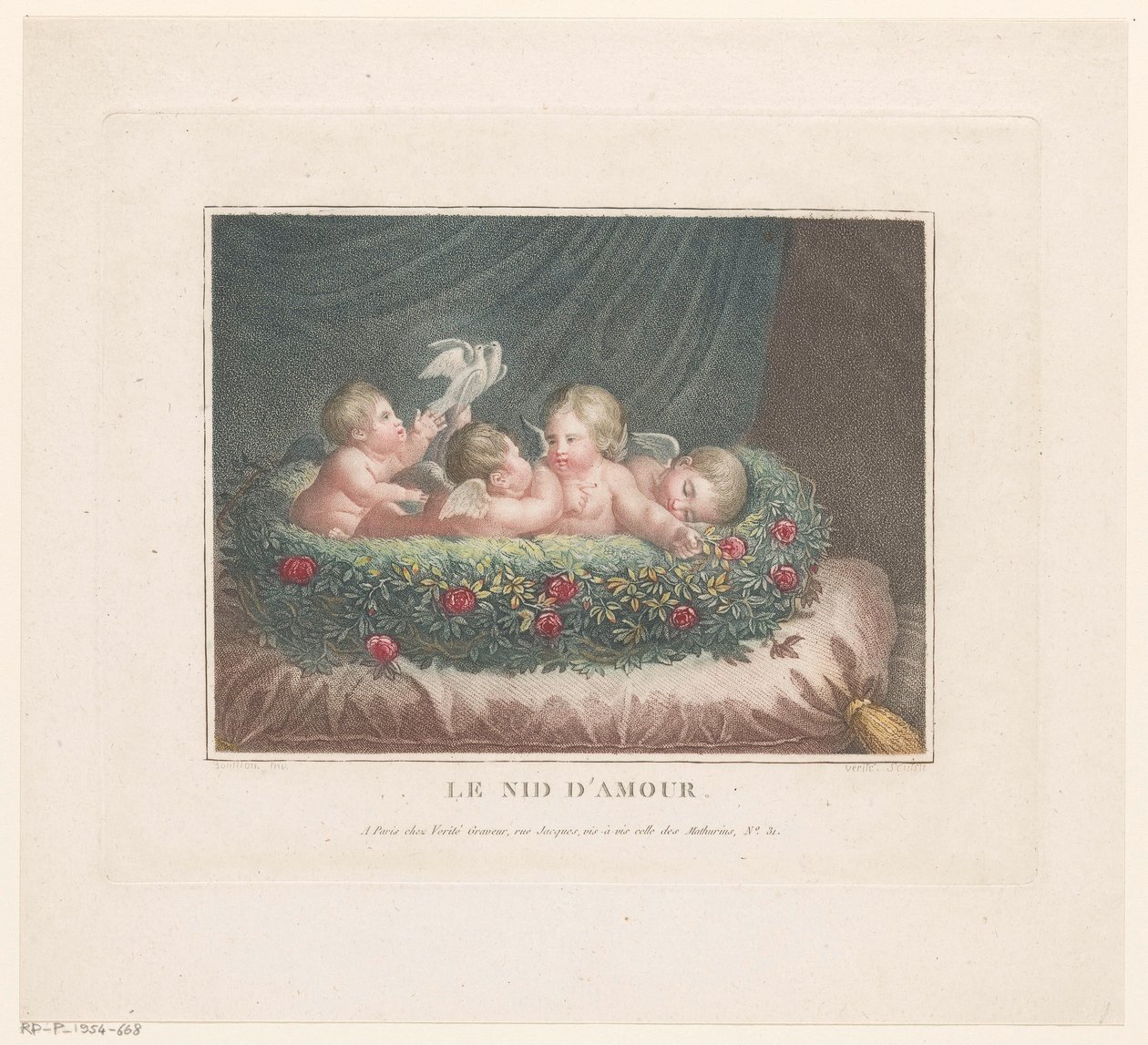 Quatre putti avec deux colombes dans un panier de roses sur un coussin - Jean Baptiste Verite