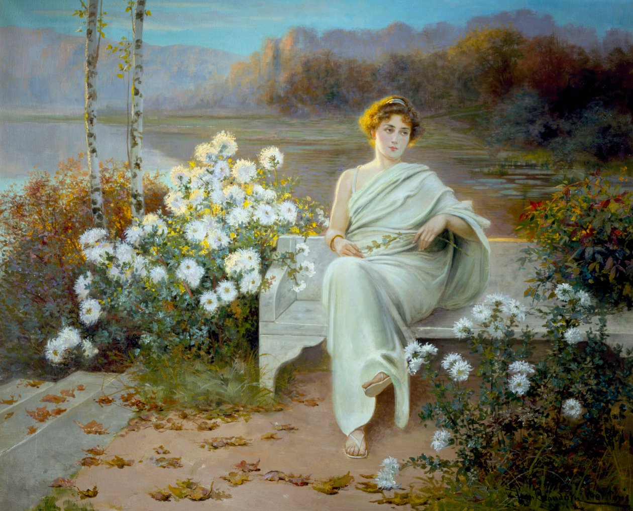 Rome antique : "Reverie" Une jeune femme assise sur un banc dans un jardin fleuri le regard perdu dans ses pensees. Peinture de Jean Beauduin (1851-1916) 1901 Collection privee - Jean Beauduin