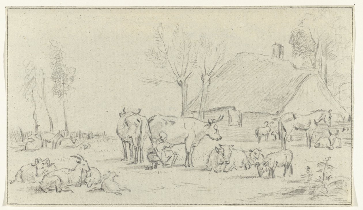 Ferme avec bétail et femme trayant - Jean Bernard