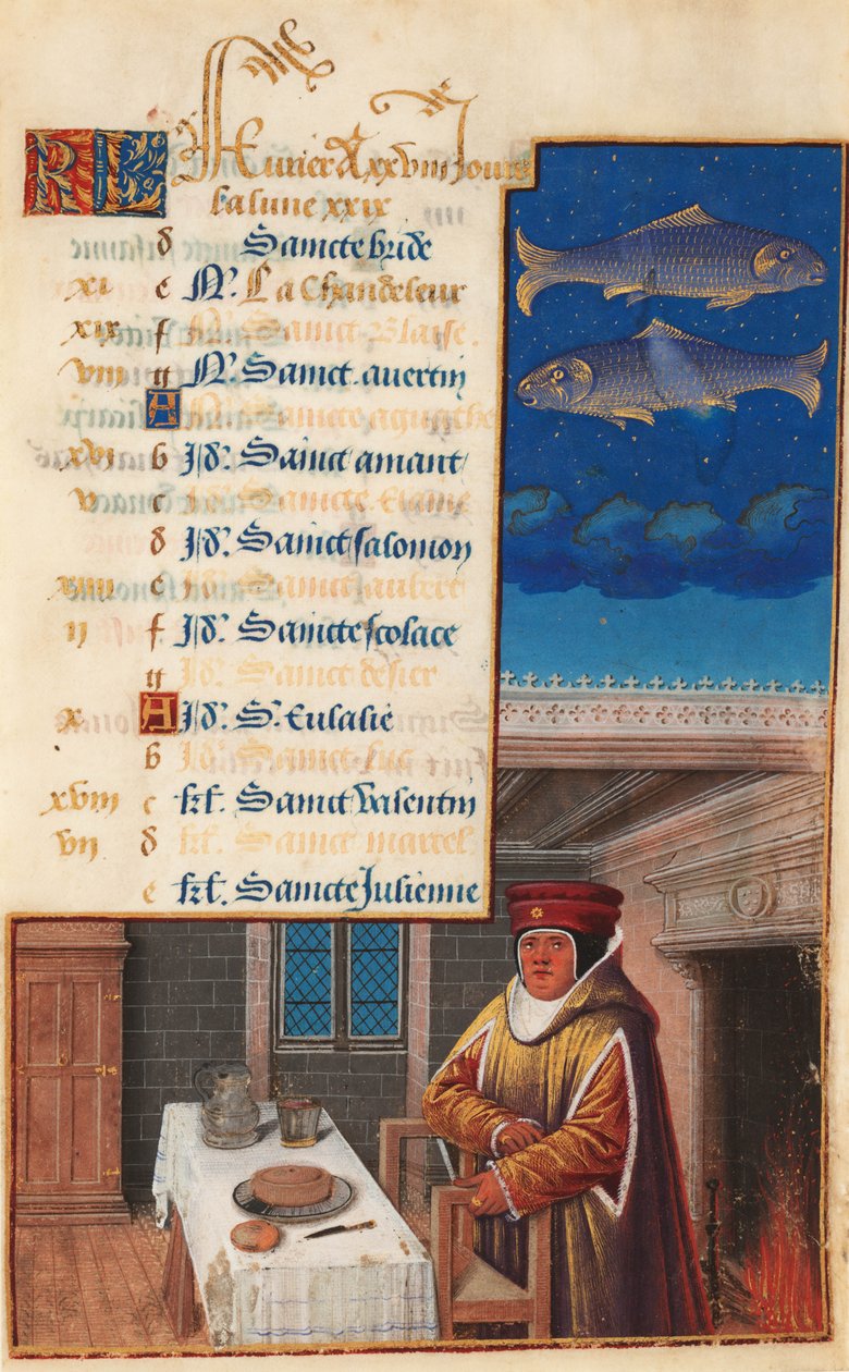 Heures de Louis XII (anciennement Heures de Henry VII), feuille de calendrier pour le mois de février, c.1490-1510 - Jean Bourdichon