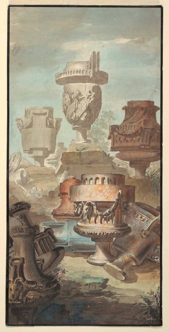 Dessin, Fantaisie de la ruine : Vases et urnes, 1770 - Jean Charles Delafosse