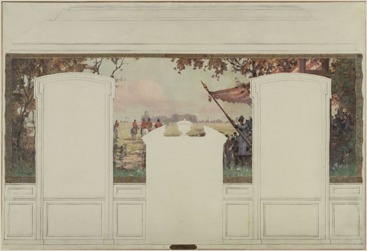 Esquisse pour la mairie de Fresnes: Paysage avec tribunes et cavaliers - Jean Constant Pape