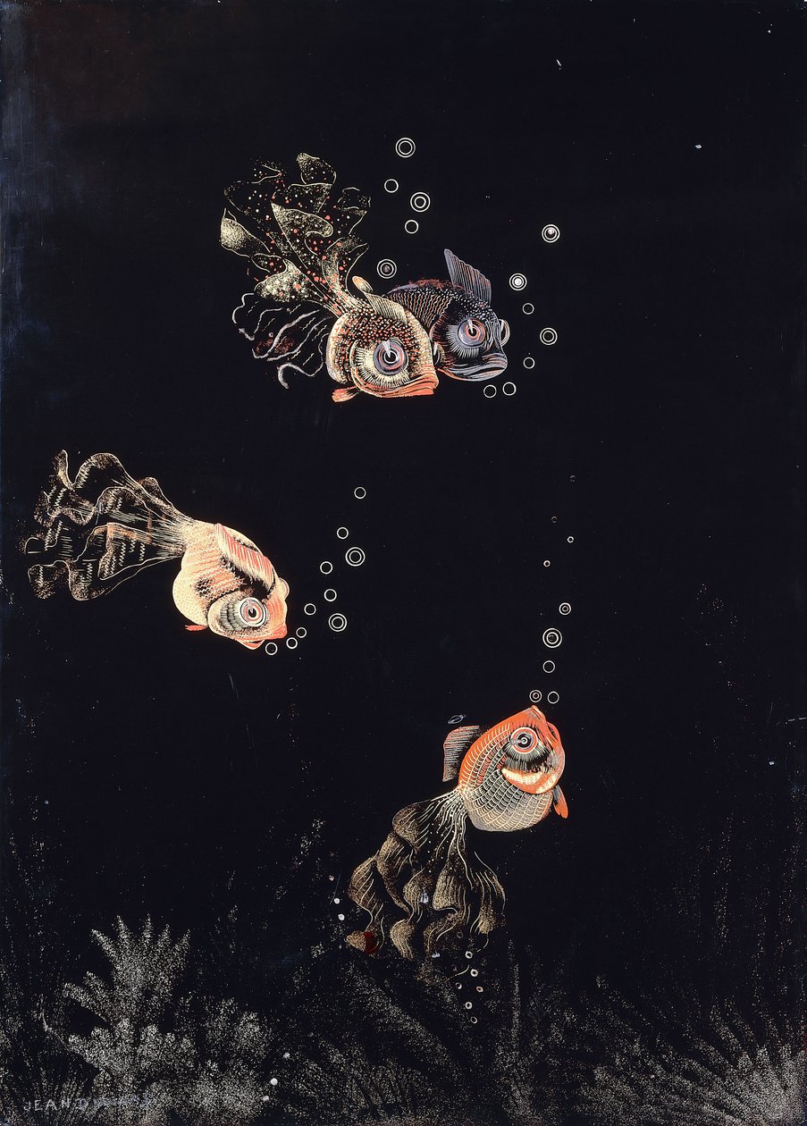 Un panneau laqué par Jean Dunand, représentant une scène sous-marine avec des poissons rouges et dorés soufflant des bulles d