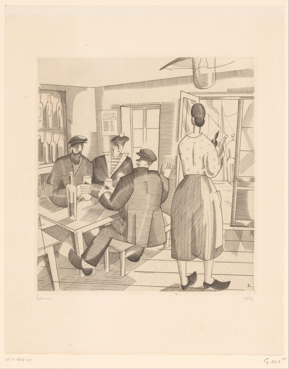 Intérieur de café avec clients et serveuse - Jean Emile Laboureur (signed by artist)