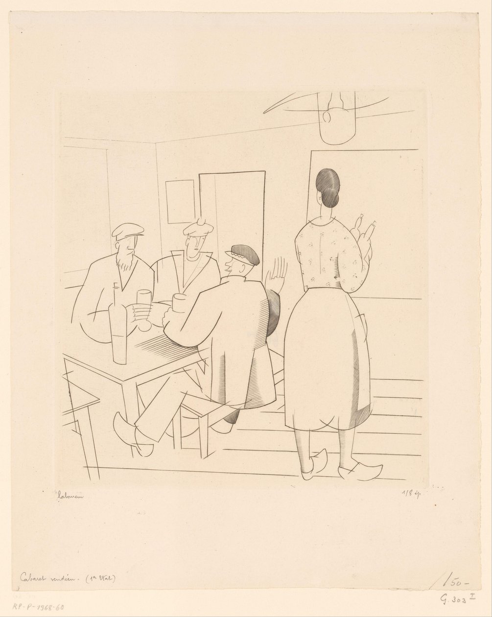 Intérieur de café avec clients et serveuse - Jean Emile Laboureur (signed by artist)