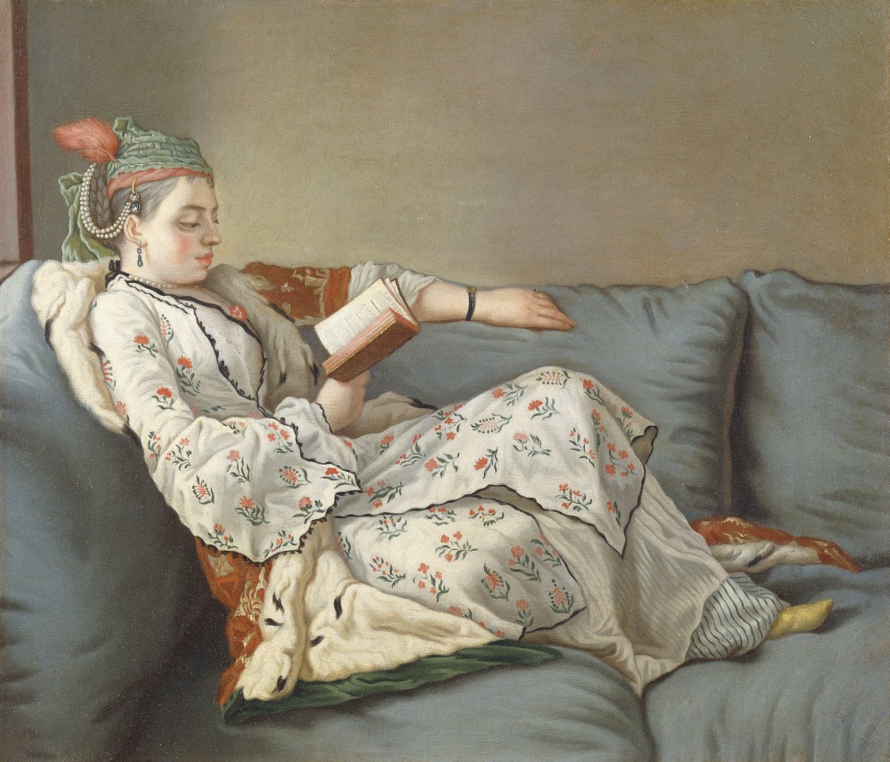 La Sultane Lisant, une dame en costume turc lisant sur un divan - Jean Étienne Liotard