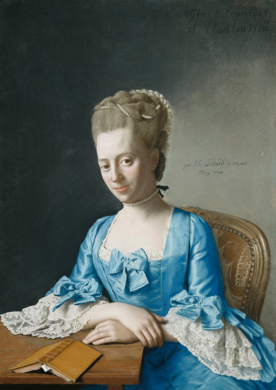Portrait de Grace, comtesse de Clanbrassil, née Foley, mi-longueur, en robe bleue, assise à une table, les mains croisées, 1774 - Jean Étienne Liotard