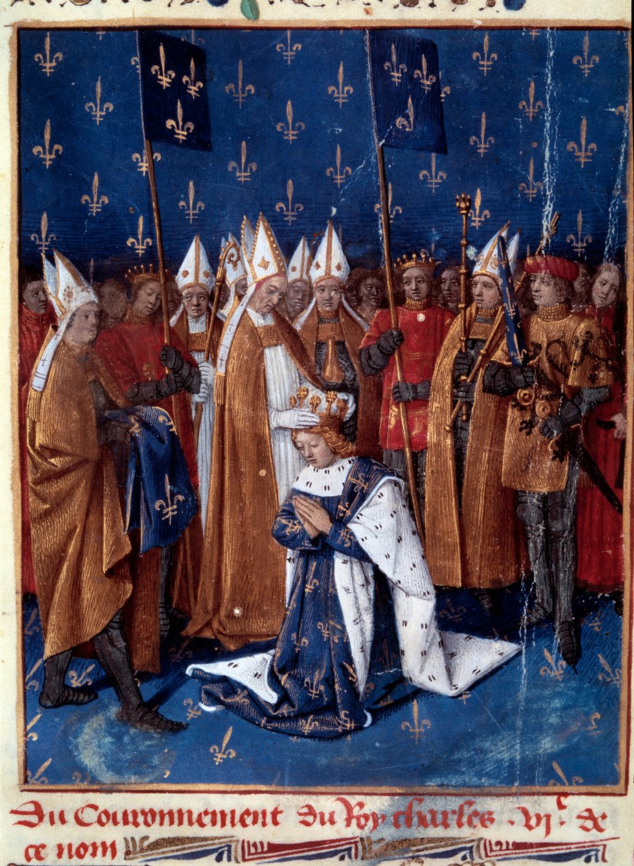 Sacré Charles VI à Reims en 1380. Miniature dans les Grandes Chroniques de France (Folio 457v), enluminée par Jean Fouquet (1420-1481) 1455-1460. BN, Paris. - Jean Fouquet