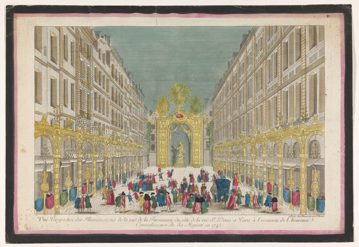 Vue de la décoration de la Rue de la Feronnerie à Paris pour la guérison de Louis XV, roi de France, en 1745 - Jean François Daumont