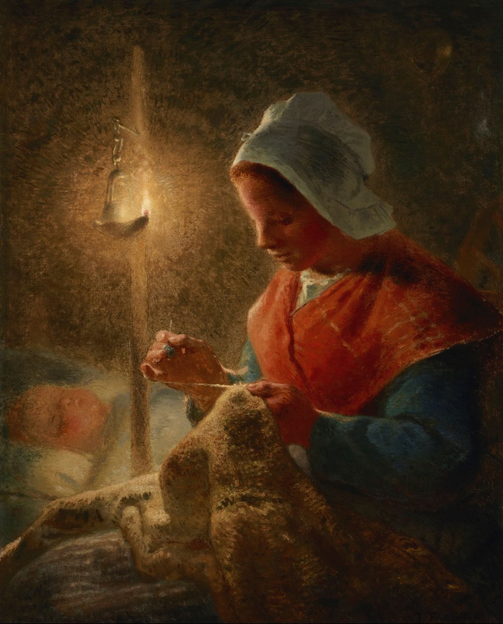French: Femme coud à la lumière de la lampe Woman Sewing by Lamplight - Jean Francois Millet