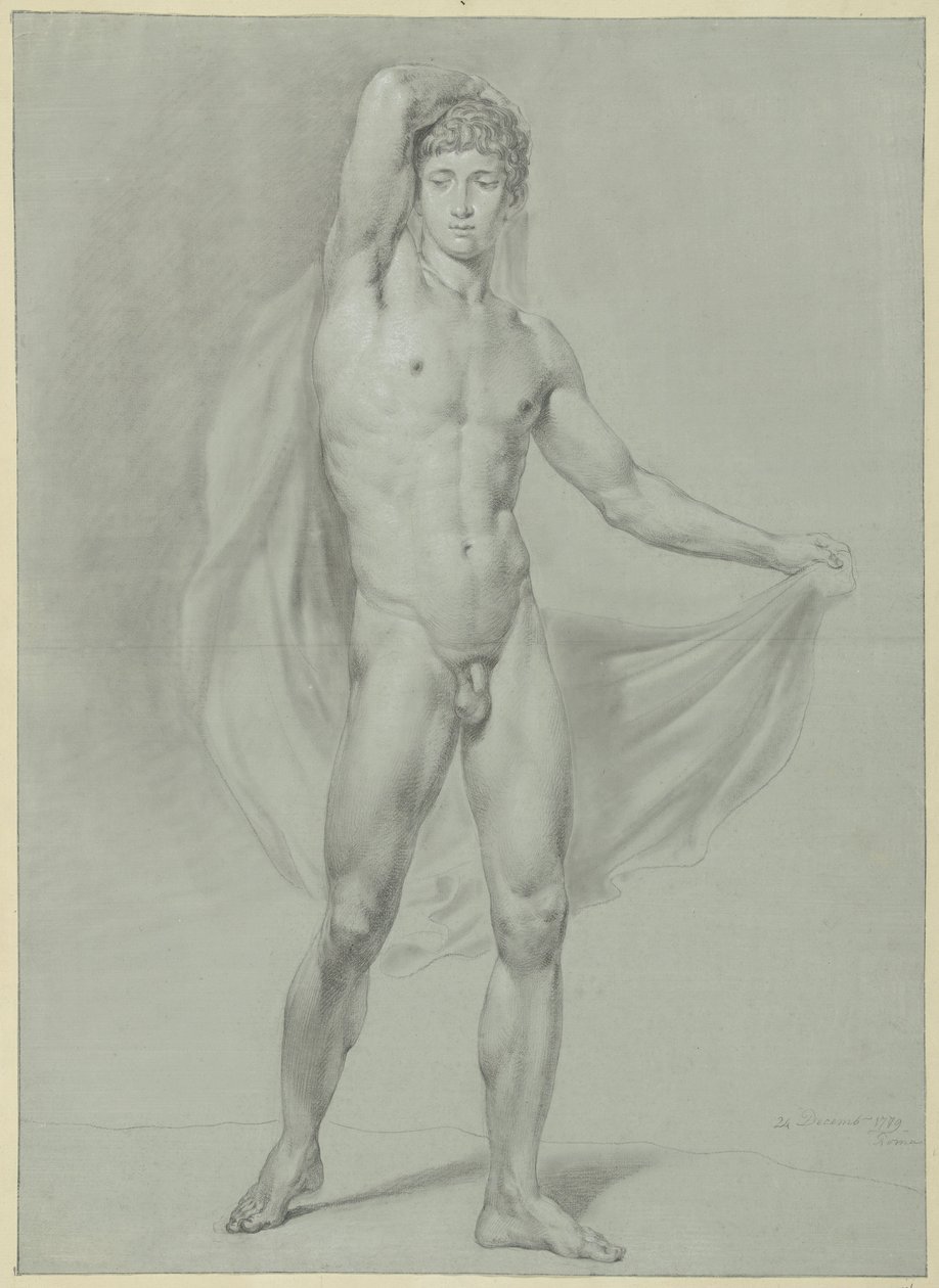 Homme nu debout, avec un drap derrière le dos, vu de face - Jean Grandjean