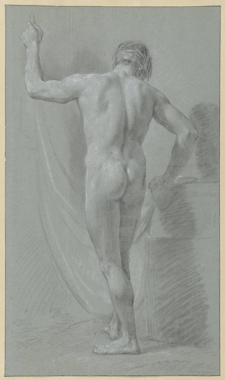 Homme nu debout devant un rideau, vu de dos - Jean Grandjean