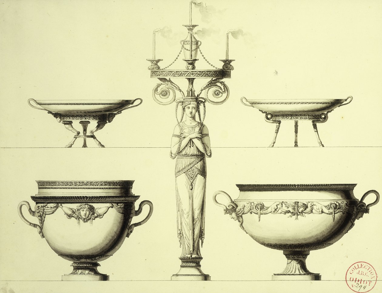 Design pour un Candélabre en Forme de Femme, Deux Coupes en Argent et Deux Plats en Argent - Jean Guillaume Moitte