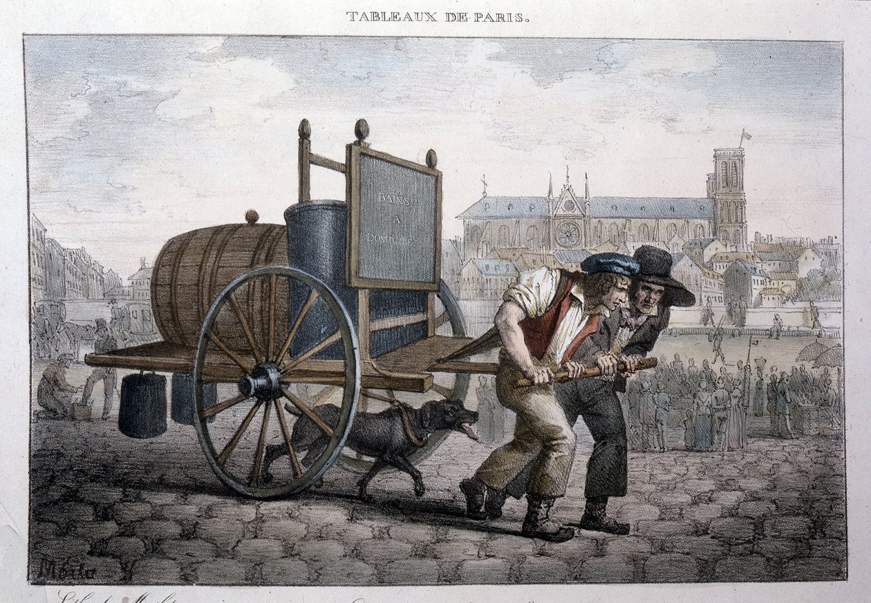 Ancien métier de rue à Paris : bain à domicile (deux hommes tirent une charrette avec un tonneau rempli d