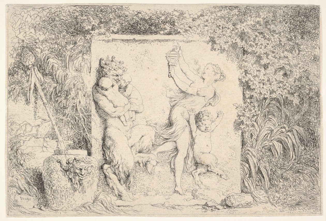 Un bas-relief représentant un satyre à gauche tenant deux nourrissons, un autre enfant satyre à droite..., 1763 - Jean Honore Fragonard