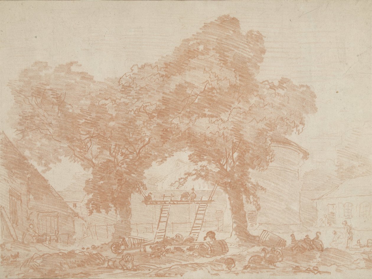 Ferme avec deux arbres, entre lesquels se trouvent des échelles - Jean Honore Fragonard