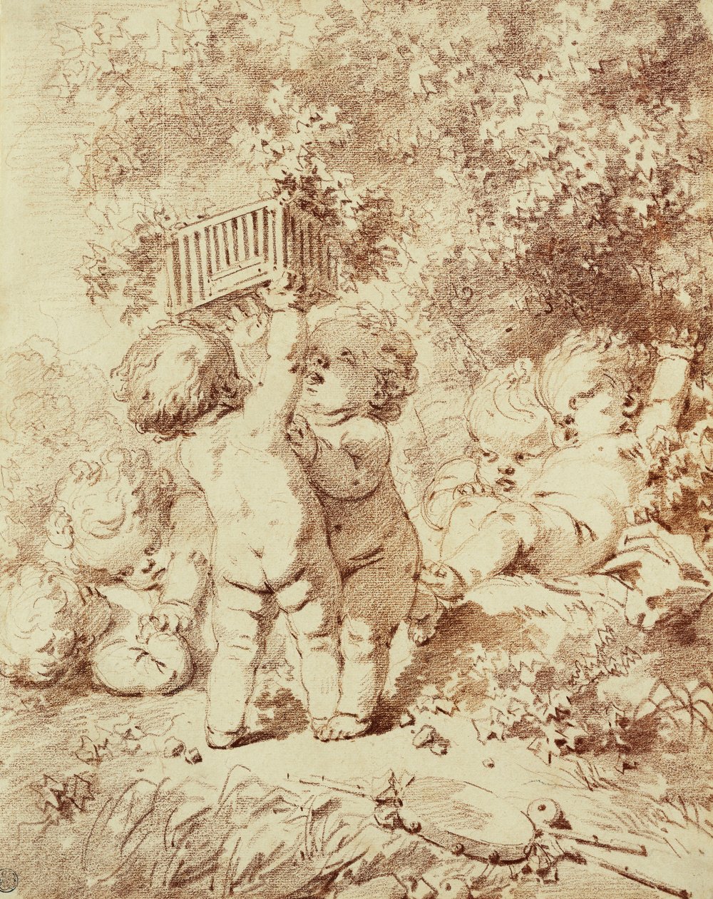 Six putti jouant, deux tenant une cage - Jean Honore Fragonard
