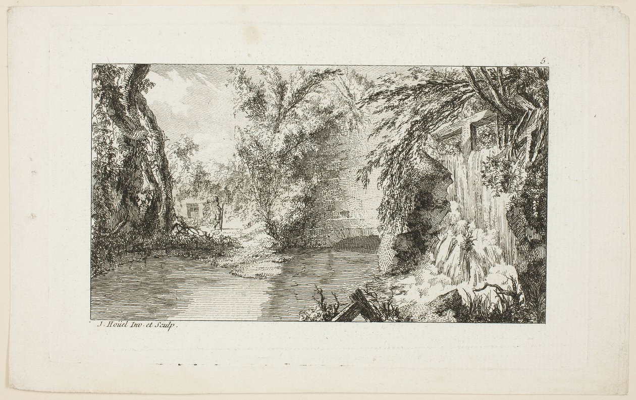 Paysage avec un promeneur et une cascade, planche 5 de la deuxième suite Livre de paysages - Jean Hoüel