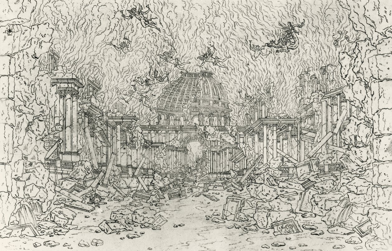 Destruction du bâtiment, esquisse par Jean Berain, pour Armide, par Jean-Baptiste Lully, France - Jean I  Berain