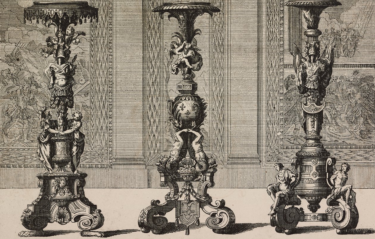 Grands chandeliers en bronze, gravure de Jean Berain (1640-1711) de L