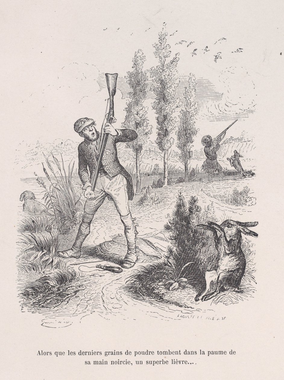 Alors que les derniers grains de poudre tombent dans la paume de sa main noircie, un superbe lièvre... - Jean Ignace Isidore Gérard