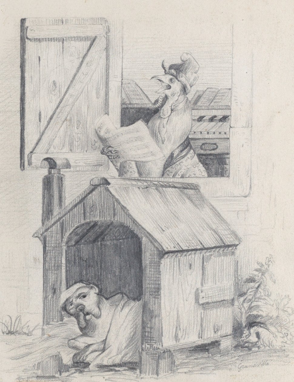 Chien dans une niche, coq chantant à la fenêtre, vers 1842 - Jean Ignace Isidore Gérard