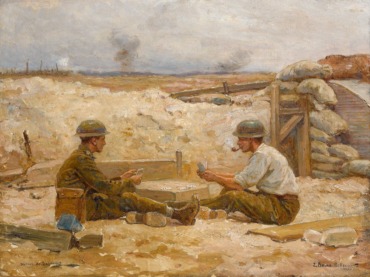 Deux officiers britanniques jouant aux cartes devant leur abri, Secteur de Bapaume, 1918-20 - Jean Jacques Berne Bellecour