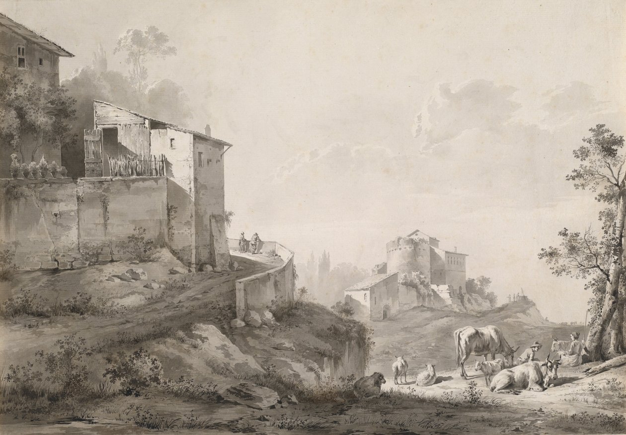 Un paysage ensoleillé avec des maisons sur la colline - Jean Jacques de Boissieu