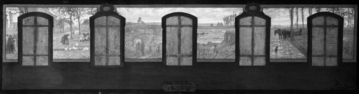 Esquisse pour la mairie de Fresnes : Sur le plateau, Une place à Fresnes. Les carrières. Labour à la fin de la journée - Jean Joseph Enders